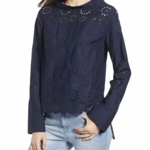 J. Crew Dark Blue Funnelneck shirt in eyelet size 4 cotton 100%
